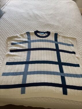 Draper James Cream Crewneck Sweater with Navy and Light Blue Plaid